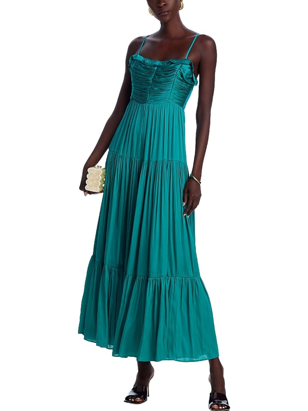 Aqua Ruched Bodice Spaghetti-Strap Maxi Dress | Med | Teal